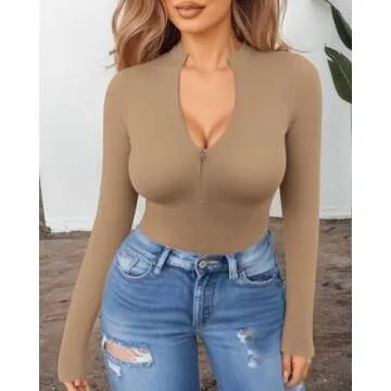 MANGOPOP Long Sleeve Zip Bodysuit for Trendy Women