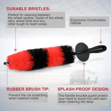 Fitosy Wheel Rim Brush, Soft Bristle Long Car Tire Detailing Washing Tool for Exhaust Tips Engine, V...