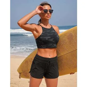 CRZ YOGA Womens Swim Board Shorts 3'' High Waisted Quick Dry Beach Swimwear Bottoms Bathing Trunks with Liner