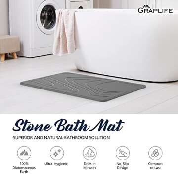 Graplife - Stone Bath Mat, Diatomaceous Earth Shower Mat, Non-Slip Super Absorbent Quick Drying Bathroom Floor Mat, Natural, Easy to Clean (23.6 x 15.35 Darkgrey)
