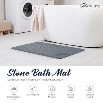 Graplife - Stone Bath Mat, Diatomaceous Earth Shower Mat, Non-Slip Super Absorbent Quick Drying Bathroom Floor Mat, Natural, Easy to Clean (23.6 x 15.35 Darkgrey)