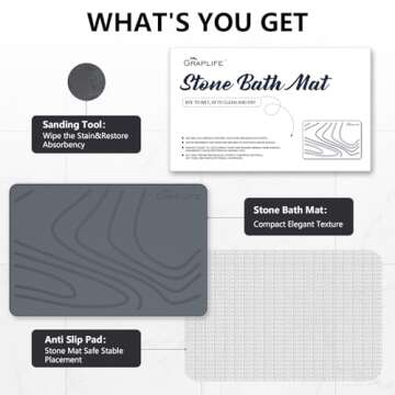 Graplife - Stone Bath Mat, Diatomaceous Earth Shower Mat, Non-Slip Super Absorbent Quick Drying Bathroom Floor Mat, Natural, Easy to Clean (23.6 x 15.35 Darkgrey)