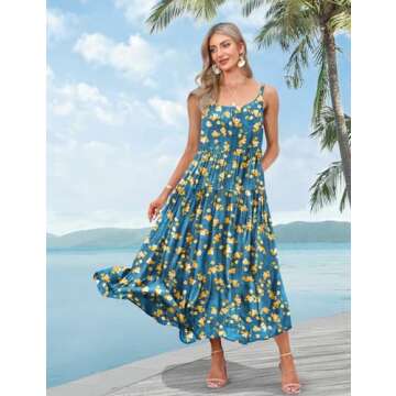 YESNO Summer Bohemian Floral Dresses for Women Spaghetti Straps Maxi Dress Casual Flowy Dresses with...