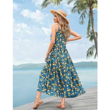 YESNO Summer Bohemian Floral Dresses for Women Spaghetti Straps Maxi Dress Casual Flowy Dresses with Pockets L ES0 CR416