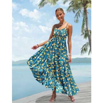YESNO Summer Bohemian Floral Dresses for Women Spaghetti Straps Maxi Dress Casual Flowy Dresses with Pockets L ES0 CR416