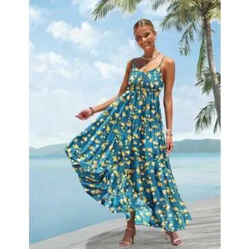 YESNO Summer Bohemian Floral Dresses for Women Spaghetti Straps Maxi Dress Casual Flowy Dresses with Pockets L ES0 CR416