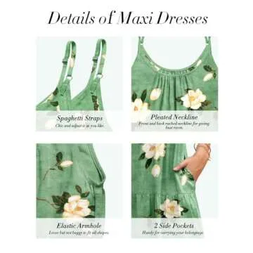 YESNO Summer Bohemian Floral Dresses for Women Spaghetti Straps Maxi Dress Casual Flowy Dresses with Pockets L ES0 CR416