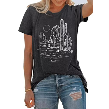 Western Cactus Shirt for Women Sunrise Desert Graphic Tee Tops Hiking Mountain Climbing Funny Short ...