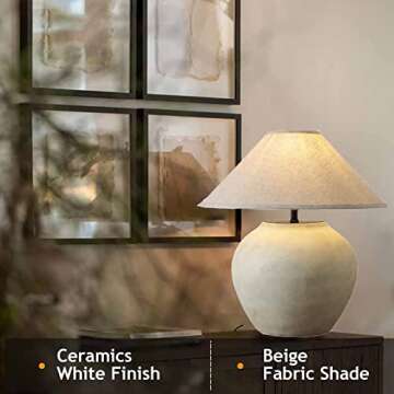 HATUO Southwest Farmhouse Table Lamp 20'' Tall Crock Pot Ceramic Lamp, Rustic Fabric Drum Shade Deco...