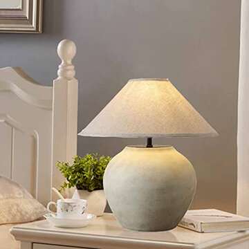 HATUO Southwest Farmhouse Table Lamp 20'' Tall Crock Pot Ceramic Lamp, Rustic Fabric Drum Shade Decor for Living Room Bedroom House Bedside Nightstand Home Office
