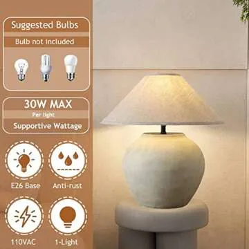 HATUO Southwest Farmhouse Table Lamp 20'' Tall Crock Pot Ceramic Lamp, Rustic Fabric Drum Shade Decor for Living Room Bedroom House Bedside Nightstand Home Office