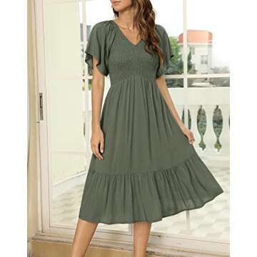 Kranda Women V Neck Flutter Sleeve Ruffle Pleated Solid Smocked Midi Dress ArmyGreen L