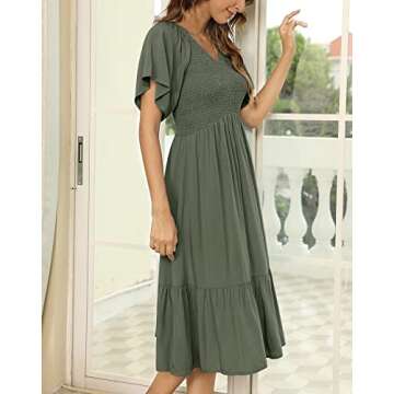 Kranda Women V Neck Flutter Sleeve Ruffle Pleated Solid Smocked Midi Dress ArmyGreen L