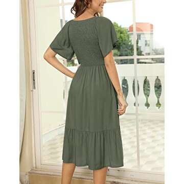 Kranda Women V Neck Flutter Sleeve Ruffle Pleated Solid Smocked Midi Dress ArmyGreen L