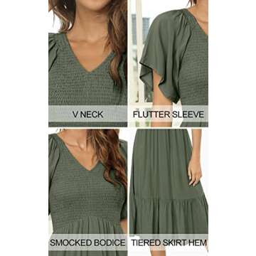 Kranda Women V Neck Flutter Sleeve Ruffle Pleated Solid Smocked Midi Dress ArmyGreen L