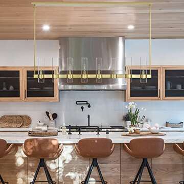 Linea di Liara Teramo Satin Brass Kitchen Island Lighting - Modern Farmhouse Rectangle Dining Room Light Fixtures - 54 inch 8 Light Linear Chandelier