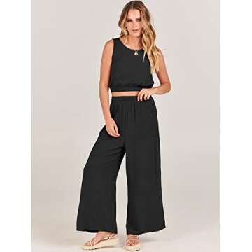 ANRABESS Women’s Summer 2 Piece Outfits Sleeveless Crop Top Tank and Wide Leg Pants Linen Jumpsuit Beach Vacation Sets Black Small