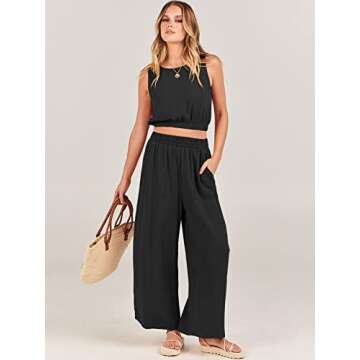 ANRABESS Women’s Summer 2 Piece Outfits Sleeveless Crop Top Tank and Wide Leg Pants Linen Jumpsuit Beach Vacation Sets Black Small