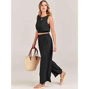ANRABESS Women’s Summer 2 Piece Outfits Sleeveless Crop Top Tank and Wide Leg Pants Linen Jumpsuit Beach Vacation Sets Black Small