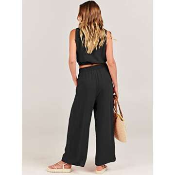 ANRABESS Women’s Summer 2 Piece Outfits Sleeveless Crop Top Tank and Wide Leg Pants Linen Jumpsuit Beach Vacation Sets Black Small
