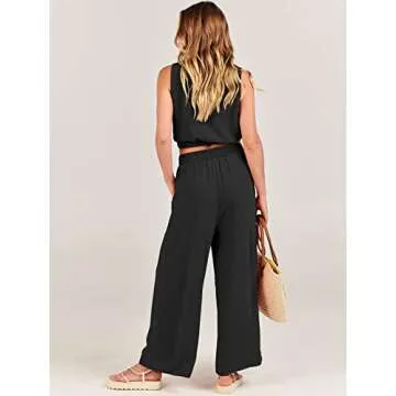 ANRABESS Women’s Summer 2 Piece Outfits Sleeveless Crop Top Tank and Wide Leg Pants Linen Jumpsuit Beach Vacation Sets Black Small