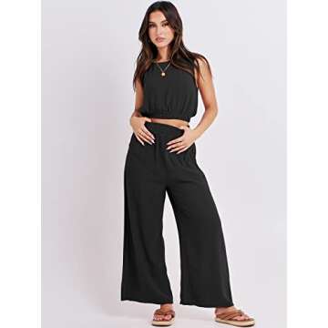 ANRABESS Women’s Summer 2 Piece Outfits Sleeveless Crop Top Tank and Wide Leg Pants Linen Jumpsuit Beach Vacation Sets Black Small