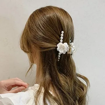 Rumtock Pearl Flower Hair Claw Clip Aesthetic Big Jaw Clips Nonslip Strong Hold for Women and Girls Thin Thick Curly Hair