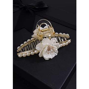 Rumtock Pearl Flower Hair Claw Clip Aesthetic Big Jaw Clips Nonslip Strong Hold for Women and Girls Thin Thick Curly Hair