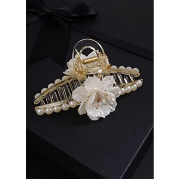 Rumtock Pearl Flower Hair Claw Clip Aesthetic Big Jaw Clips Nonslip Strong Hold for Women and Girls Thin Thick Curly Hair