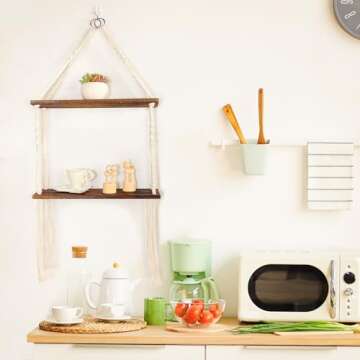 SNUGBLAKI Hanging Shelves for Wall Floating Shelves,Boho Macrame Hanging Shelves with Swing Rope,Farmhouse Rustic Wood Hanging Shelves,Rope Wall Display Shelves for Bedroom,Living Room, Bathroom