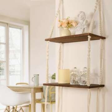 SNUGBLAKI Hanging Shelves for Wall Floating Shelves,Boho Macrame Hanging Shelves with Swing Rope,Farmhouse Rustic Wood Hanging Shelves,Rope Wall Display Shelves for Bedroom,Living Room, Bathroom