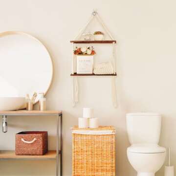 SNUGBLAKI Hanging Shelves for Wall Floating Shelves,Boho Macrame Hanging Shelves with Swing Rope,Farmhouse Rustic Wood Hanging Shelves,Rope Wall Display Shelves for Bedroom,Living Room, Bathroom