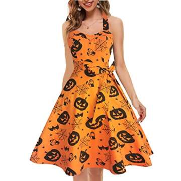 Topdress Women's Vintage Polka Audrey Dress 1950s Halter Retro Cocktail Dress Pumpkin L