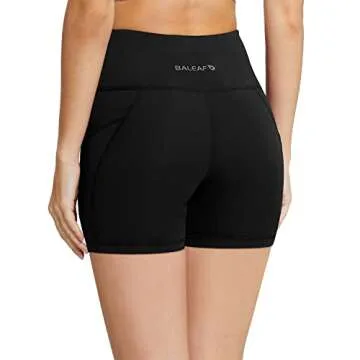 BALEAF Biker Shorts Women Tummy Control Yoga Gym Workout Spandex Running Volleyball Compression with Pockets 5" Black L