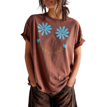 Oversized Graphic T-shirts Women Y2k Short Sleeve Crew Neck Aesthetic Fruit Floral Print Loose Fit T...