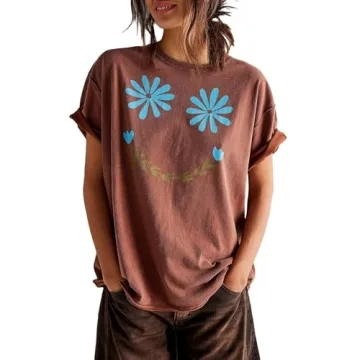 Oversized Graphic T-shirts Women Y2k Short Sleeve Crew Neck Aesthetic Fruit Floral Print Loose Fit T...