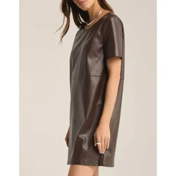 SCOFEEL Women's Faux Leather Mini Dress Short Sleeve Leather Tunic Dress A-Line Leather Shift Dress Coffee