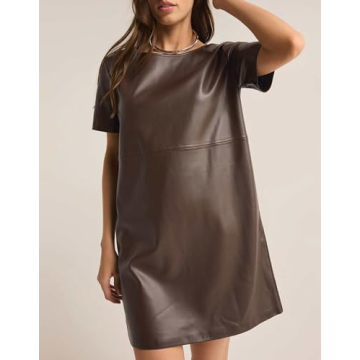 SCOFEEL Women's Faux Leather Mini Dress Short Sleeve Leather Tunic Dress A-Line Leather Shift Dress Coffee
