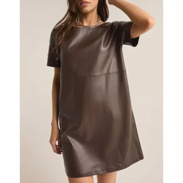 SCOFEEL Women's Faux Leather Mini Dress Short Sleeve Leather Tunic Dress A-Line Leather Shift Dress Coffee