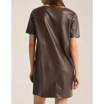 SCOFEEL Women's Faux Leather Mini Dress Short Sleeve Leather Tunic Dress A-Line Leather Shift Dress Coffee