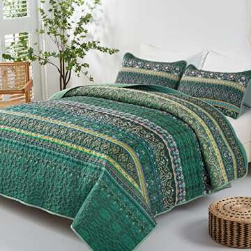 WONGS BEDDING Boho Quilt Queen Size, Green Bohemian Queen Quilt, Lightweight Microfiber Bed Decor Be...