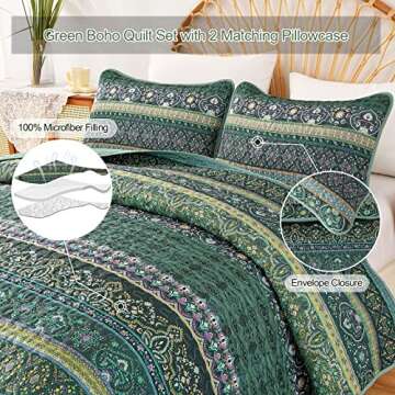 WONGS BEDDING Boho Quilt Queen Size, Green Bohemian Queen Quilt, Lightweight Microfiber Bed Decor Bedspread for All Season 96"x90"(3 Pieces)