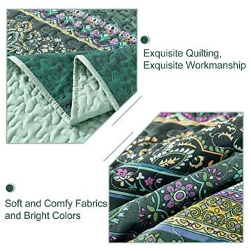 WONGS BEDDING Boho Quilt Queen Size, Green Bohemian Queen Quilt, Lightweight Microfiber Bed Decor Bedspread for All Season 96"x90"(3 Pieces)