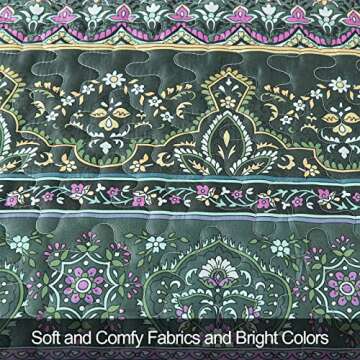 WONGS BEDDING Boho Quilt Queen Size, Green Bohemian Queen Quilt, Lightweight Microfiber Bed Decor Bedspread for All Season 96"x90"(3 Pieces)