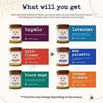Book of Honey by Savannah Bee - Honey Gift with Tupelo, Lavender, Wildflower, Black Sage, Saw Palmeto and Orange Blossom Honeys - Pure and Natural - 6 different flavors in 3 oz jars