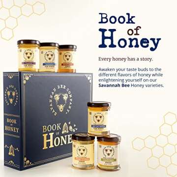 Book of Honey by Savannah Bee - Honey Gift with Tupelo, Lavender, Wildflower, Black Sage, Saw Palmeto and Orange Blossom Honeys - Pure and Natural - 6 different flavors in 3 oz jars