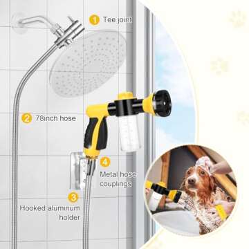 Dog Wash Hose Attachment,8 Way Dog Shower Attachment with Metal 3-Way Shower Diverter, Dog Wash with 2 type Dog Bath Brush & 78inch Long Hose, Dog Wash Sprayer for Washing Cars & Pets (Yellow)