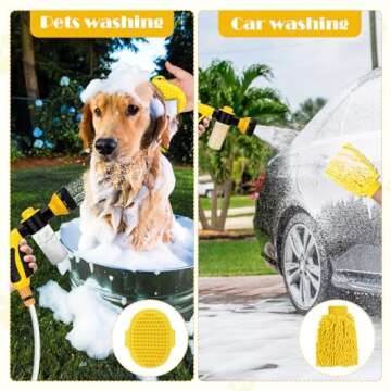 Dog Wash Hose Attachment,8 Way Dog Shower Attachment with Metal 3-Way Shower Diverter, Dog Wash with 2 type Dog Bath Brush & 78inch Long Hose, Dog Wash Sprayer for Washing Cars & Pets (Yellow)