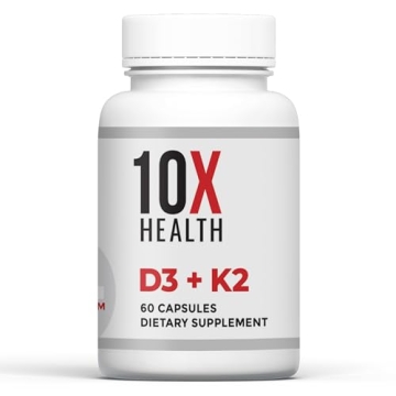 10X Health Vitamin D3 K2 - Loaded with 125 mcg Vitamin D and 90 mcg Vitamin K (Menaquinone 7) - D3 a...