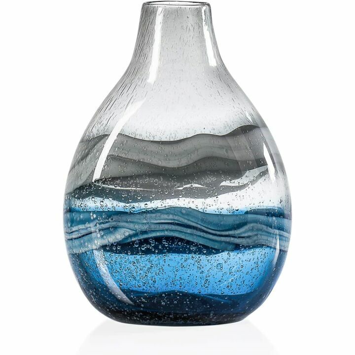 Blue Hand Blown Swirl Glass Bulb Vase for Home